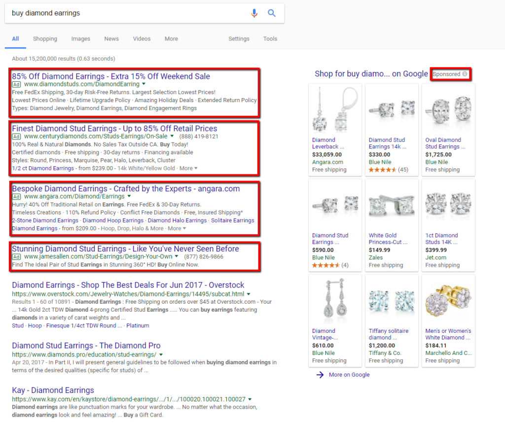 Google search engine results with AdWords highlighted.