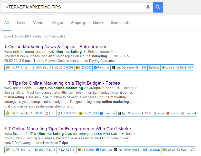 SERPs result for the search "internet marketing tips"