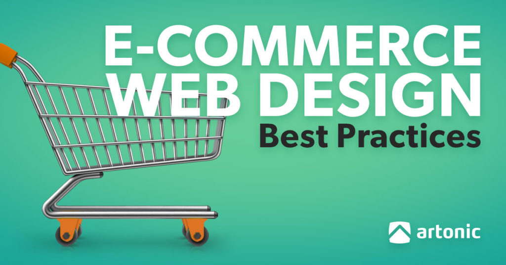 e-commerce web design best practices cover of green ebook with shopping cart graphic on it.
