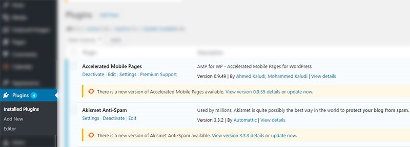 Screenshot of WordPress plugin requiring updates.