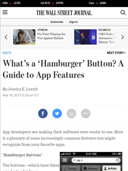 an example of a hamburger menu on wall street journal's website