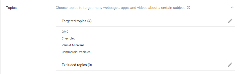 Screenshot of Google AdWords targeting options.