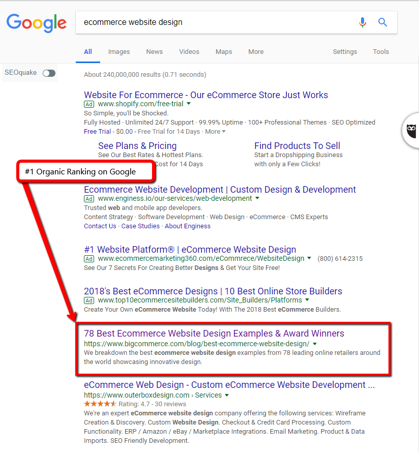 Screenshot of Google ranking.
