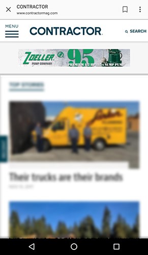 Screenshot of a mobile ad for Zoeller on ContractorMag.com