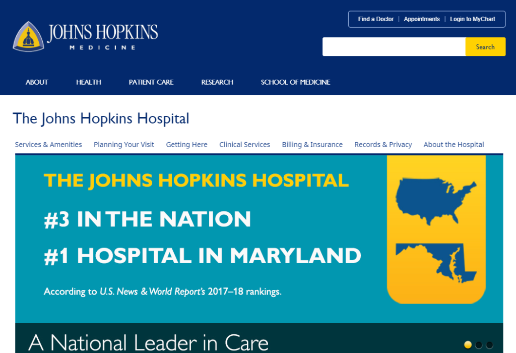 The Johns Hopkins website is blue and gold.