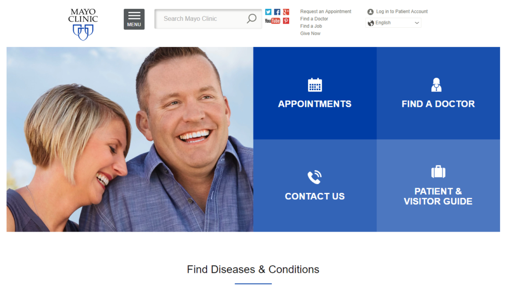 Mayo Clinic website design homepage.