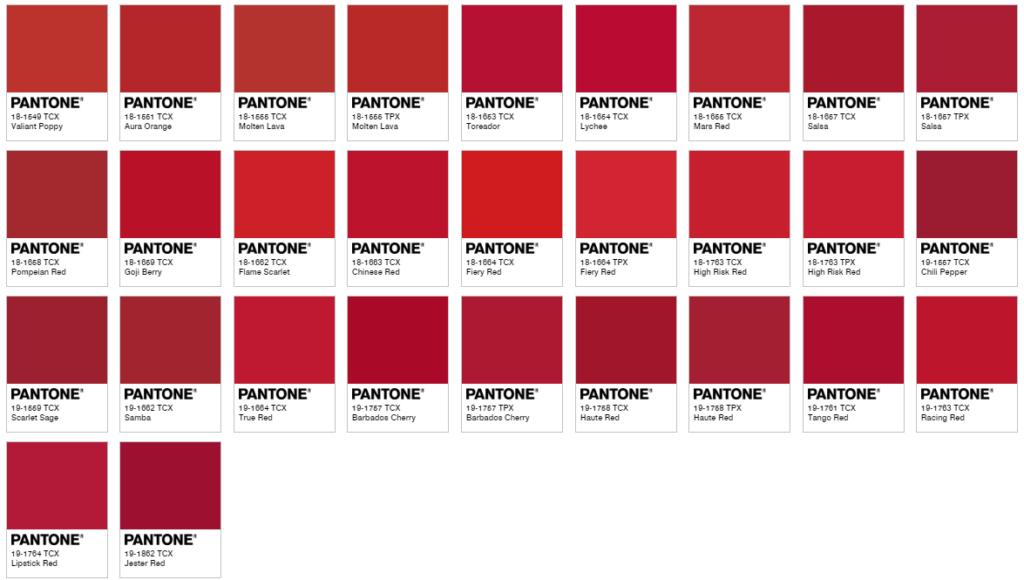 Chart of Pantone reds using the color finder.