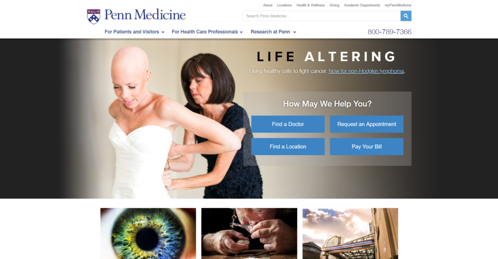 Homepage website design for Penn Medical.