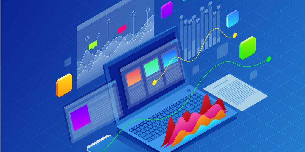 Concept business strategy. Illustration of data financial graphs or diagrams, information data statistic. Laptop and infographics isometric vector illustration on ultraviolet background.