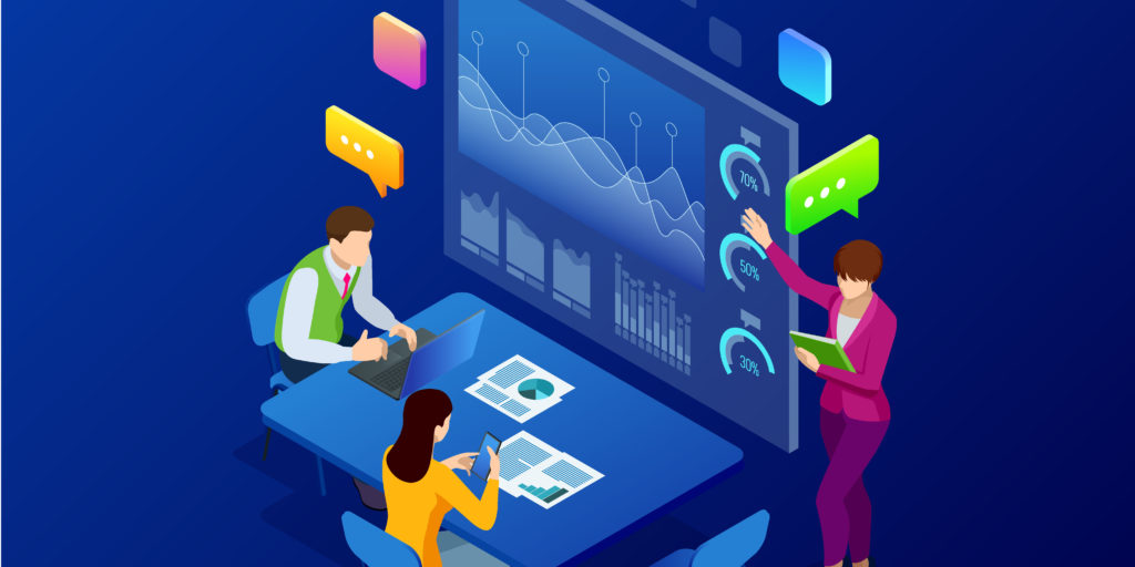 Isometric business analysis and planning, consulting, team work, project management, financial report and strategy concept. Unity and teamwork concept. Vector illustration