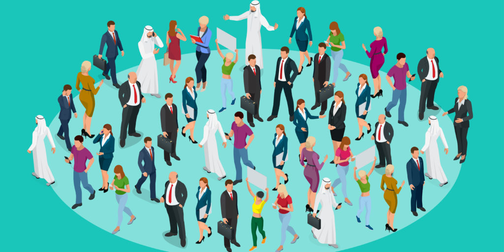 Society isometric background with people of different occupations. People meeting, discussing, planning, brainstorming at the blackboard.