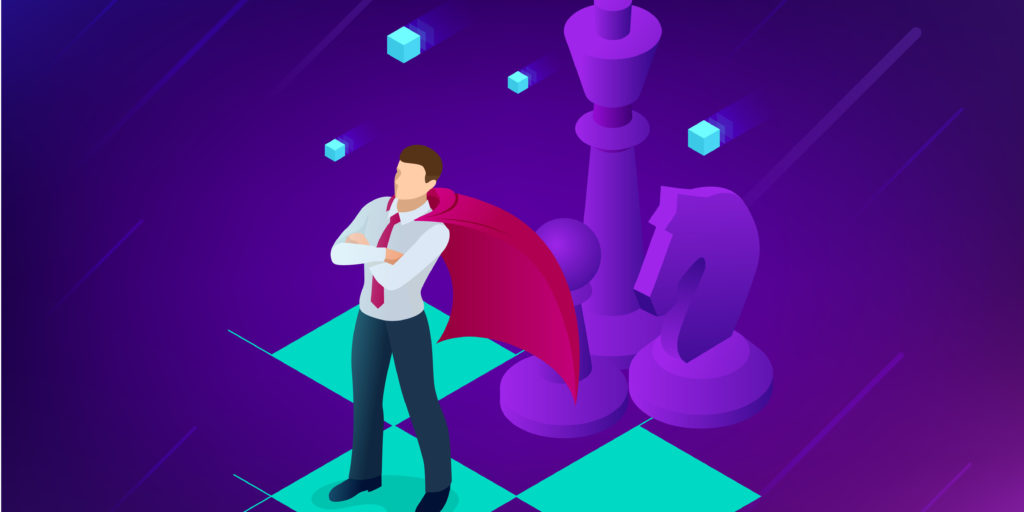 Isometric businessman standing on chess board. Strategy, management, leadership concept. Business strategy