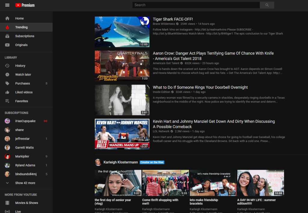YouTube trending videos page.