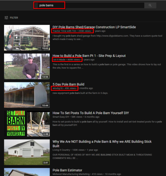 YouTube search results for the term pole barns.