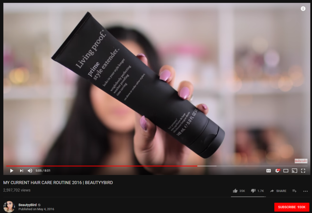 Video on YouTube by BeautyBird, an influencer, shows high engagement.