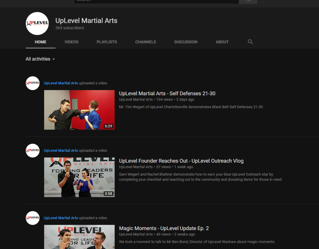 UpLevel Matial Arts Studio uses YouTube for Business