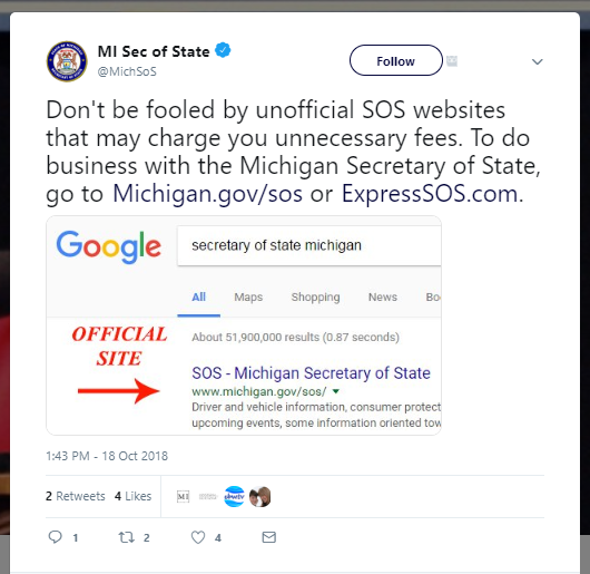 Michigan Secretary of State twitter screenshot warns of fake SoS websites.