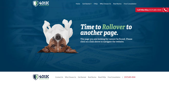 401k Rollover Center 404 website error page design