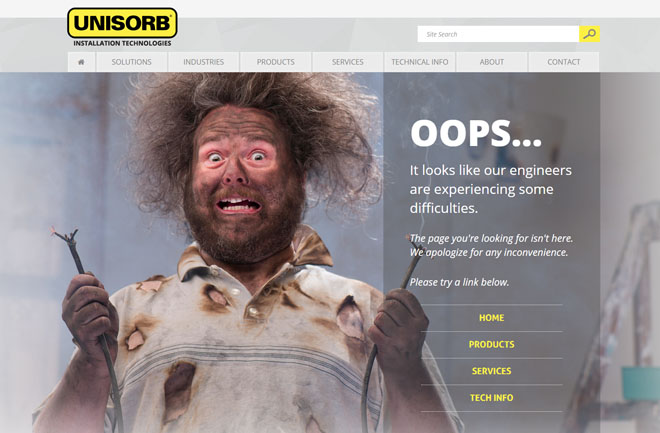 UNISORB 404 website error page design