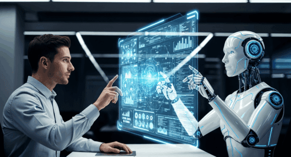man and robot working together on a computer