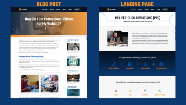 Blog Post vs Landing Page by Artonic