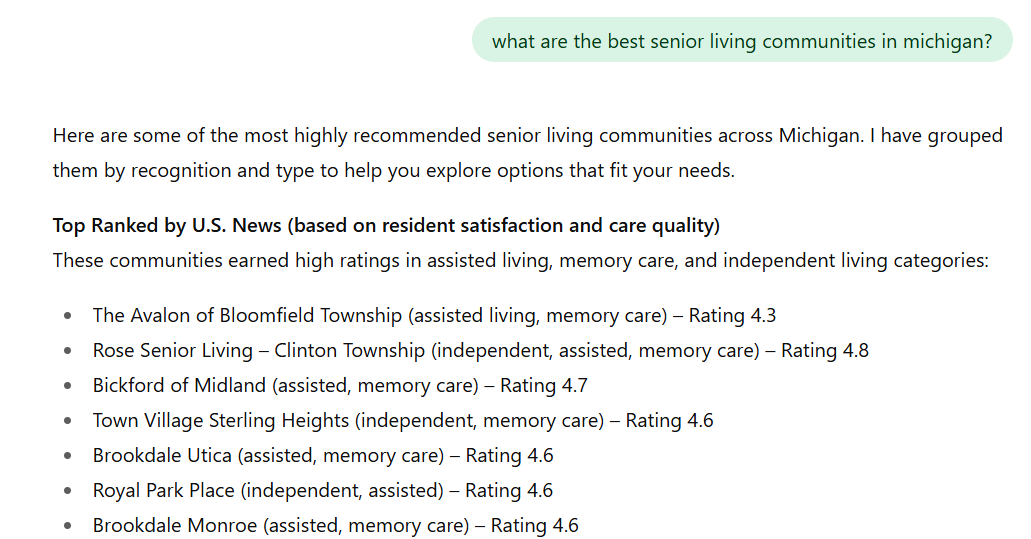 The best senior living communities in Michigan according to ChatGPT (2025)