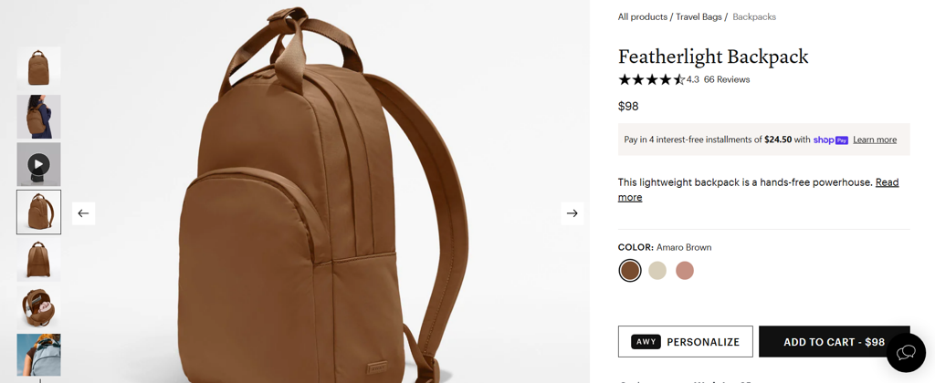 Featherlight Backpack white background shot by awaytravel.com