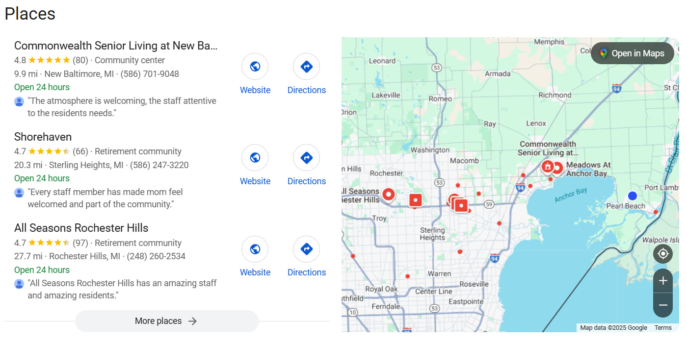 local pack obtained when searching for "senior living michigan" on Google