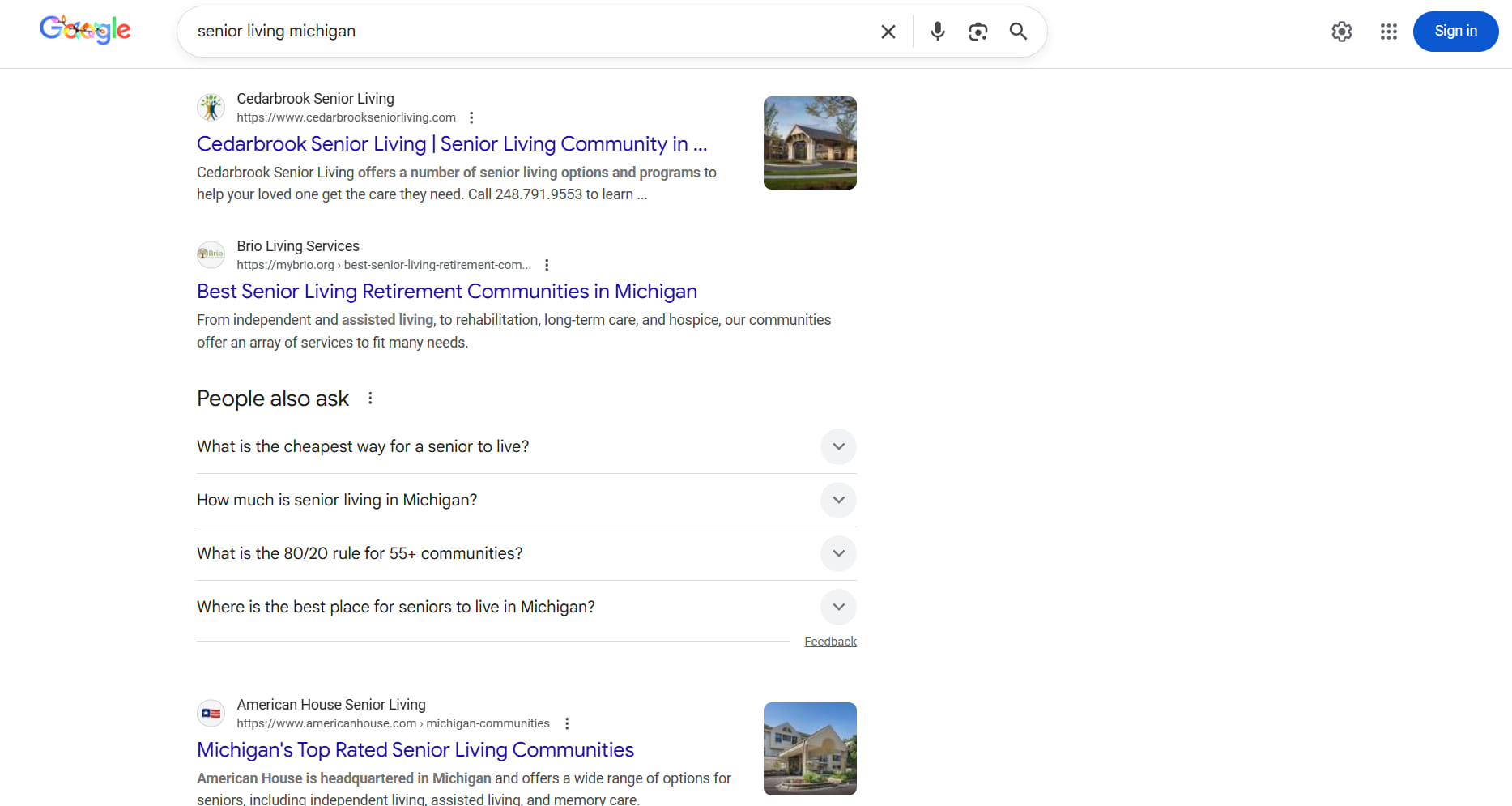 Google SERP: senior living michigan