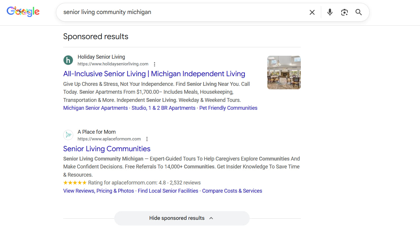 Sponsored results: senior living community michigan